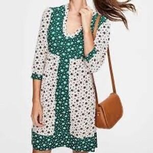 Boden Green and White Long Sleeve Floral Panel Dress